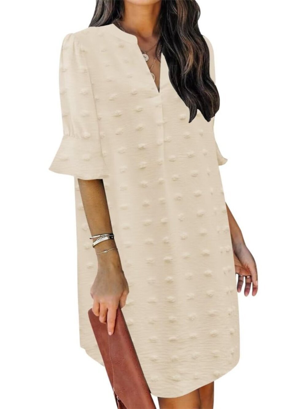 Women's Beige Dresses V Neck Short Sleeve Pull On Solid Casual Shift Mini Dress